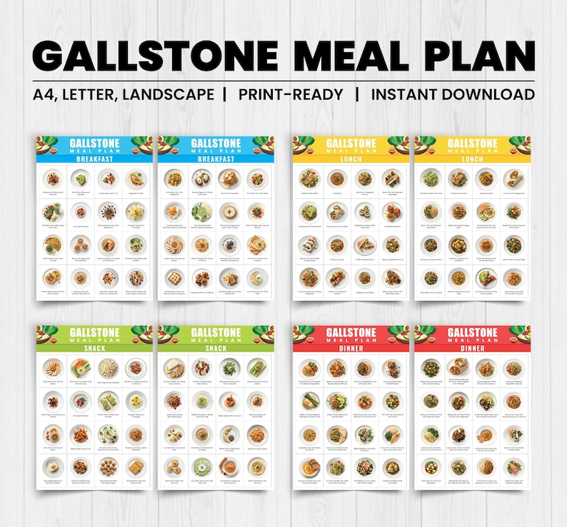 Peut inclure: Plan de repas imprimable pour les calculs biliaires avec un design color&eacute;. Le plan de repas comprend des options de petit-d&eacute;jeuner, d&eacute;jeuner, collation et d&icirc;ner. Le plan est con&ccedil;u pour aider les personnes atteintes de calculs biliaires &agrave; g&eacute;rer leur alimentation.