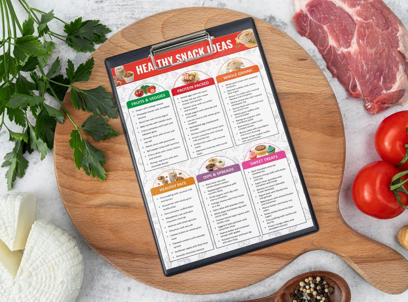 May include: A printable checklist with the title "Healthy Snack Ideas" divided into six categories: Fruits & Veggies, Protein Packed, Whole Grains, Healthy Fats, Dips & Spreads, and Sweet Treats. The checklist is printed on a white sheet of paper and is on a wooden cutting board.