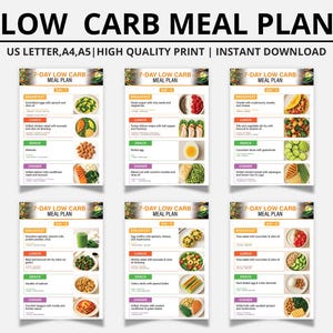 May include: A low-carb meal plan, printed on white paper. The title "LOW CARB MEAL PLAN" is at the top. The plan details breakfast, lunch, snack, and dinner options for seven days. The text "US LETTER, A4, A5 | HIGH QUALITY PRINT | INSTANT DOWNLOAD" is also included.