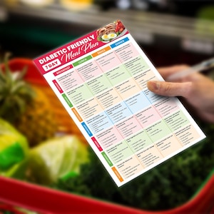 May include: A 7-day diabetic friendly meal plan with a colorful grid of breakfast, lunch, snack, and dinner options. The plan includes a variety of foods, such as eggs, chicken, fish, vegetables, and fruit.