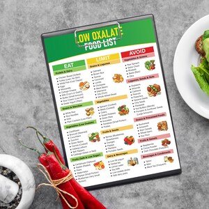 Pu&ograve; includere: Un appunti con un grafico "LOW OXALATE FOOD LIST" verde e bianco, che elenca gli alimenti da mangiare, limitare ed evitare. Peperoncini rossi e un mortaio e pestello sono in primo piano, con un piatto di cibo a destra.