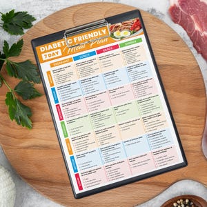 May include: A black clipboard with a 7-day diabetic-friendly meal plan. The plan includes breakfast, lunch, snack, and dinner options. The clipboard is on a wooden cutting board with a piece of raw meat and vegetables.