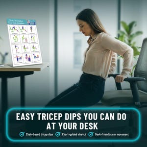 May include: An office desk exercise chart with illustrations of stretches, titled "Daily Workplace Easy Desk Stretches". The image also features the text "EASY TRICEP DIPS YOU CAN DO AT YOUR DESK". A woman is shown performing a tricep dip using a chair.
