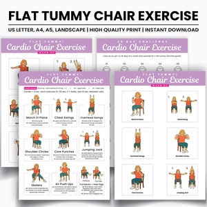 Puede incluir: Un conjunto de guías de ejercicios imprimibles tituladas "Flat Tummy Chair Exercise". Las guías presentan ilustraciones de ejercicios como balanceos de pecho y balanceos por encima de la cabeza. La combinación de colores es principalmente púrpura y blanco.