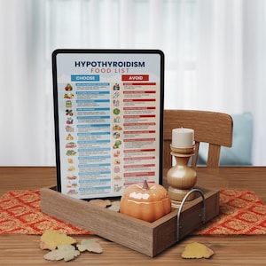 May include: A digital tablet displaying a food list for hypothyroidism. The list is divided into two columns: "Choose" and "Avoid". The tablet is on a wooden table with a candle holder and a pumpkin-shaped container.