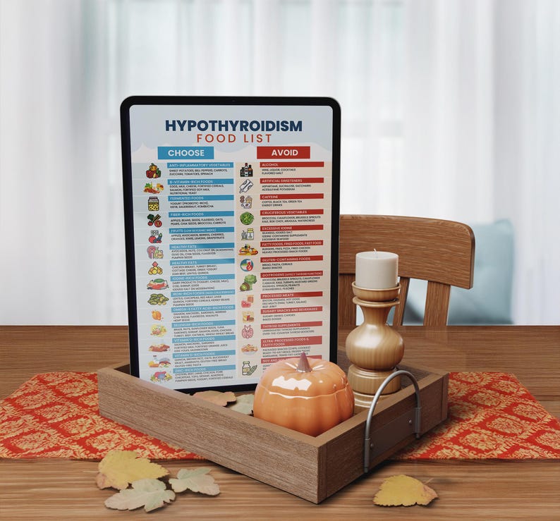 May include: A digital tablet displaying a food list for hypothyroidism. The list is divided into two columns: "Choose" and "Avoid". The tablet is on a wooden table with a candle holder and a pumpkin-shaped container.