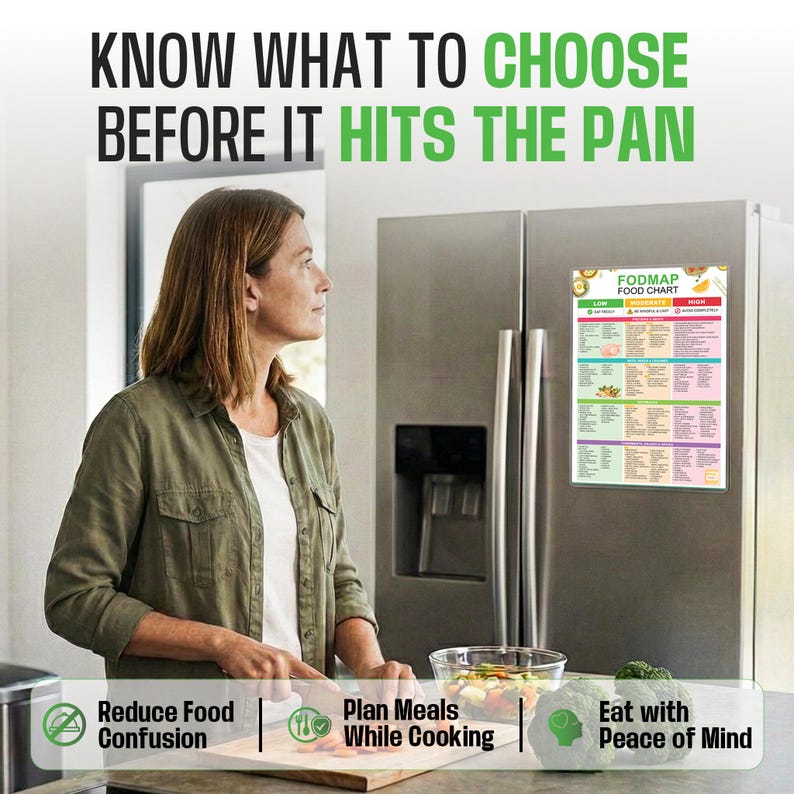 May include: A woman stands in front of a stainless steel refrigerator, with a FODMAP food chart magnet. The chart lists foods in green, yellow, and red categories. Text at the top reads "KNOW WHAT TO CHOOSE BEFORE IT HITS THE PAN."