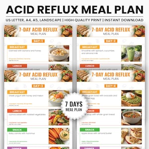 May include: A 7-day meal plan for people with acid reflux. The plan includes breakfast, lunch, snack, and dinner options for each day. The meals are designed to be easy to digest and help reduce symptoms of acid reflux.