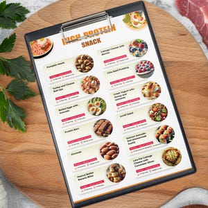 Może przedstawiać: Drukowalne menu z listą pomysł&oacute;w na przekąski bogate w białko. Menu zawiera zdjęcia każdej przekąski, takie jak nasiona dyni, twar&oacute;g z jagodami, pudding z nasion chia, roladki z indyka i sera, jajka gotowane na twardo z awokado, batony proteinowe, migdały, przekąski z banan&oacute;w i masła orzechowego, jogurt grecki z miodem i migdałami, sałatka z soczewicy, roladka z łososia i awokado oraz chudy twar&oacute;g z plastrami og&oacute;rka.