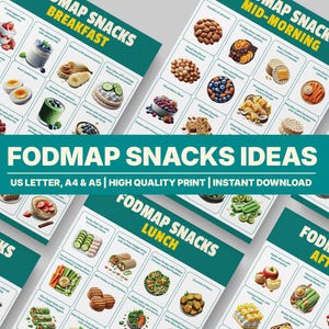 May include: A printable guide with colorful illustrations of low FODMAP snack ideas for breakfast, mid-morning, lunch, and afternoon. The guide includes text such as "FODMAP Snacks Ideas", "US Letter, A4 & A5", "High Quality Print", and "Instant Download".