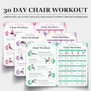 Paquete imprimible de entrenamiento en silla de 30 días, guía de yoga en silla, guía de ejercicios para todo el cuerpo, desafío de entrenamiento en silla, entrenamiento corporal de verano