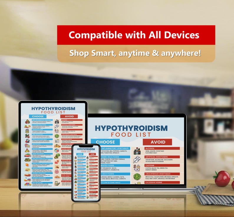 May include: A digital image on a laptop, tablet, and smartphone screen displays a food list for hypothyroidism. The list is divided into two columns: "Choose" and "Avoid". The image is set against a blurred background of a cafe.