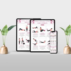 May include: A home workout plan displayed on a tablet, a larger tablet, and a smartphone. The plan is divided into sections for Booty and Core + Stability, with exercise illustrations and instructions. The devices are on a white surface, with decorative plants on either side.