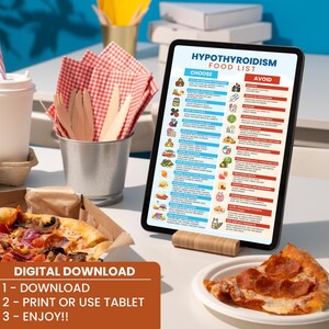 May include: A digital download for a Hypothyroidism Food List. The list is divided into two columns: Choose and Avoid. The Choose column lists foods to eat, and the Avoid column lists foods to avoid. The image also includes a digital download instruction with the text: "DIGITAL DOWNLOAD 1- DOWNLOAD 2- PRINT OR USE TABLET 3- ENJOY!!"