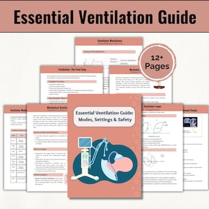 Könnte beinhalten: Ein Lehrbuch zum Thema Beatmung mit Diagrammen und Text. Der Titel "Essential Ventilation Guide: Modes, Settings & Safety" ist sichtbar. Das Bild enthält mehrere Seiten mit Diagrammen und Text, mit den Worten "Essential Ventilation Guide" oben.