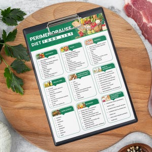 May include: A white and green checklist titled "Perimenopause Diet Food List" with a list of foods categorized by food groups, including vegetables, fruits, proteins, healthy fats, whole grains & complex carbs, dairy & alternatives, herbs & spices, beverages, and gut & hormone supportive additions.
