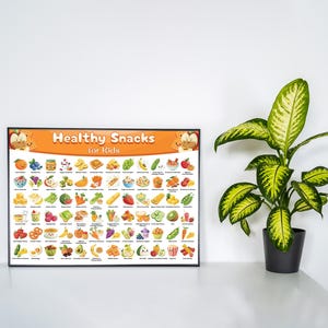 K&ouml;nnte beinhalten: Eine bunte Tabelle mit dem Titel "Healthy Snacks for Kids" in einem schwarzen Rahmen. Die Tabelle zeigt ein Raster mit 60 verschiedenen gesunden Snacks, darunter Obst, Gem&uuml;se, Joghurt und N&uuml;sse.