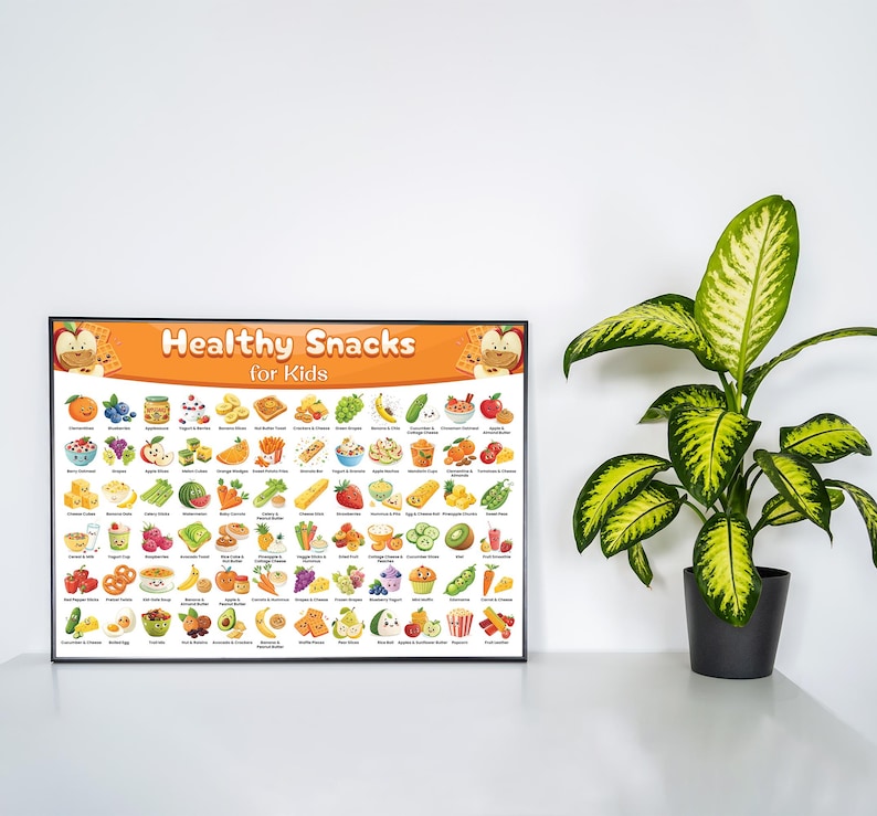 K&ouml;nnte beinhalten: Eine bunte Tabelle mit dem Titel "Healthy Snacks for Kids" in einem schwarzen Rahmen. Die Tabelle zeigt ein Raster mit 60 verschiedenen gesunden Snacks, darunter Obst, Gem&uuml;se, Joghurt und N&uuml;sse.