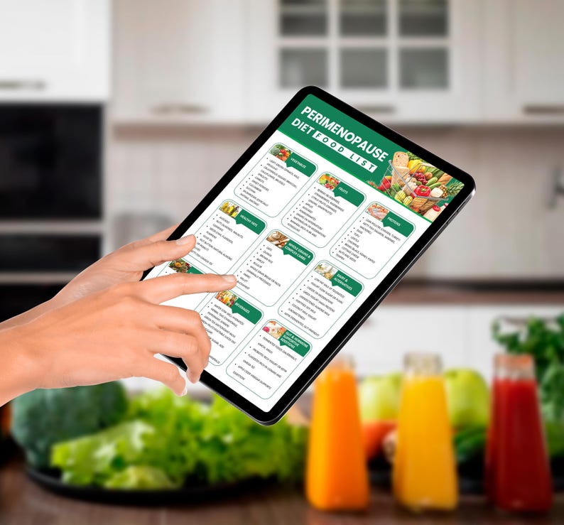 May include: A digital tablet displaying a list of foods for a perimenopause diet. The list is divided into categories such as "Fruits & Vegetables", "Protein", and "Healthy Fats".