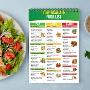 Pu&ograve; includere: Un taccuino a spirale con copertina verde che mostra una "LOW OXALATE FOOD LIST". L'elenco classifica gli alimenti in sezioni "EAT", "LIMIT" e "AVOID", con illustrazioni alimentari corrispondenti. Un piatto di insalata e una ciotola di semi sullo sfondo.