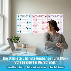 May include: A woman sits near a desk with a laptop and a mug, looking at three posters on the wall. The posters display Tai Chi Chair Workout routines with illustrations and numbered steps. The text at the bottom reads: "The Ultimate 5 Minute Recharge Turn Work Stress into Tai Chi Strength."