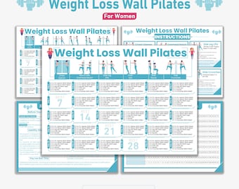 May include: A set of blue and white printable workout guides titled "Weight Loss Wall Pilates For Women." The guides include exercise instructions and a 28-day schedule. The phrase "Instant Download" is at the bottom.