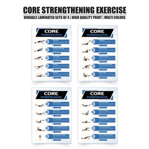 Könnte beinhalten: Vier laminierte Übungskarten mit dem Text "CORE Strengthening Exercise" in einem schwarz-blauen Design. Jede Karte zeigt verschiedene Core-Stärkungsübungen mit Illustrationen und Anweisungen. Der Text oben lautet "DURABLE LAMINATED SETS OF 4 | HIGH QUALITY PRINT | MULTI COLORS".