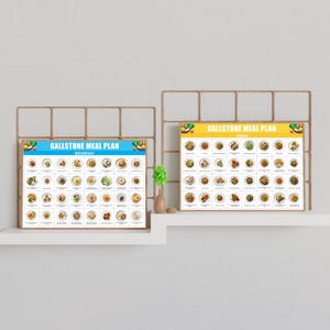 May include: Two framed posters with a blue and yellow color scheme. The posters are titled "Gallstone Meal Plan" and feature a grid of images of different food items. The top poster is labeled "Breakfast" and the bottom poster is labeled "Lunch".