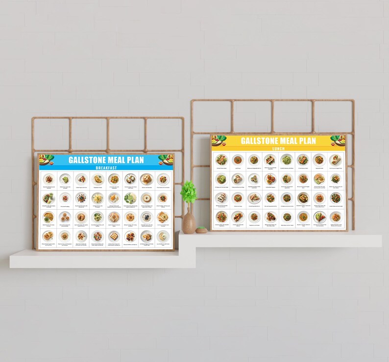 May include: Two framed posters with a blue and yellow color scheme. The posters are titled "Gallstone Meal Plan" and feature a grid of images of different food items. The top poster is labeled "Breakfast" and the bottom poster is labeled "Lunch".