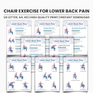 Op de afbeelding: Een verzameling afdrukbare oefengidsen voor stoeloefeningen, ontworpen om lage rugpijn te verlichten. Elke gids bevat illustraties en instructies voor verschillende oefeningen, waaronder borstopeners en spinale twists. De tekst luidt "Chair Exercise for Lower Back Pain".