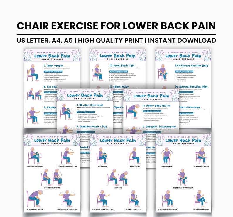 Peut inclure: Une collection de guides d'exercices imprimables pour les exercices sur chaise, con&ccedil;us pour soulager les douleurs lombaires. Chaque guide pr&eacute;sente des illustrations et des instructions pour divers exercices, y compris des ouvreurs de poitrine et des torsions spinales. Le texte indique "Chair Exercise for Lower Back Pain".