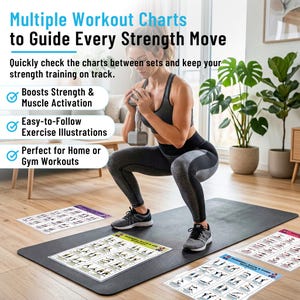 May include: A woman doing squats with a dumbbell, surrounded by workout charts. The charts, with exercise illustrations, are designed to guide strength training. Text on the image reads: "Multiple Workout Charts to Guide Every Strength Move". The charts are designed for home or gym workouts.