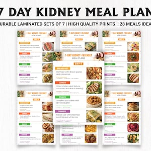 Pode incluir: Um plano de refeições para os rins de 7 dias, apresentado em conjuntos laminados duráveis de 7 impressões de alta qualidade. O plano inclui 28 ideias de refeições com sugestões detalhadas para pequeno-almoço, almoço, lanches e jantar. O texto na imagem diz "7 DAY KIDNEY MEAL PLAN".