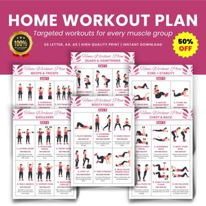 Peut inclure: Ensemble de plans d'entraînement à domicile imprimables avec un design rose et blanc. Le titre "HOME WORKOUT PLAN" est en haut, avec des schémas d'exercices pour les biceps, triceps, quadriceps, ischio-jambiers, tronc, épaules, fessiers, poitrine et dos. Comprend un autocollant 50 % de réduction.
