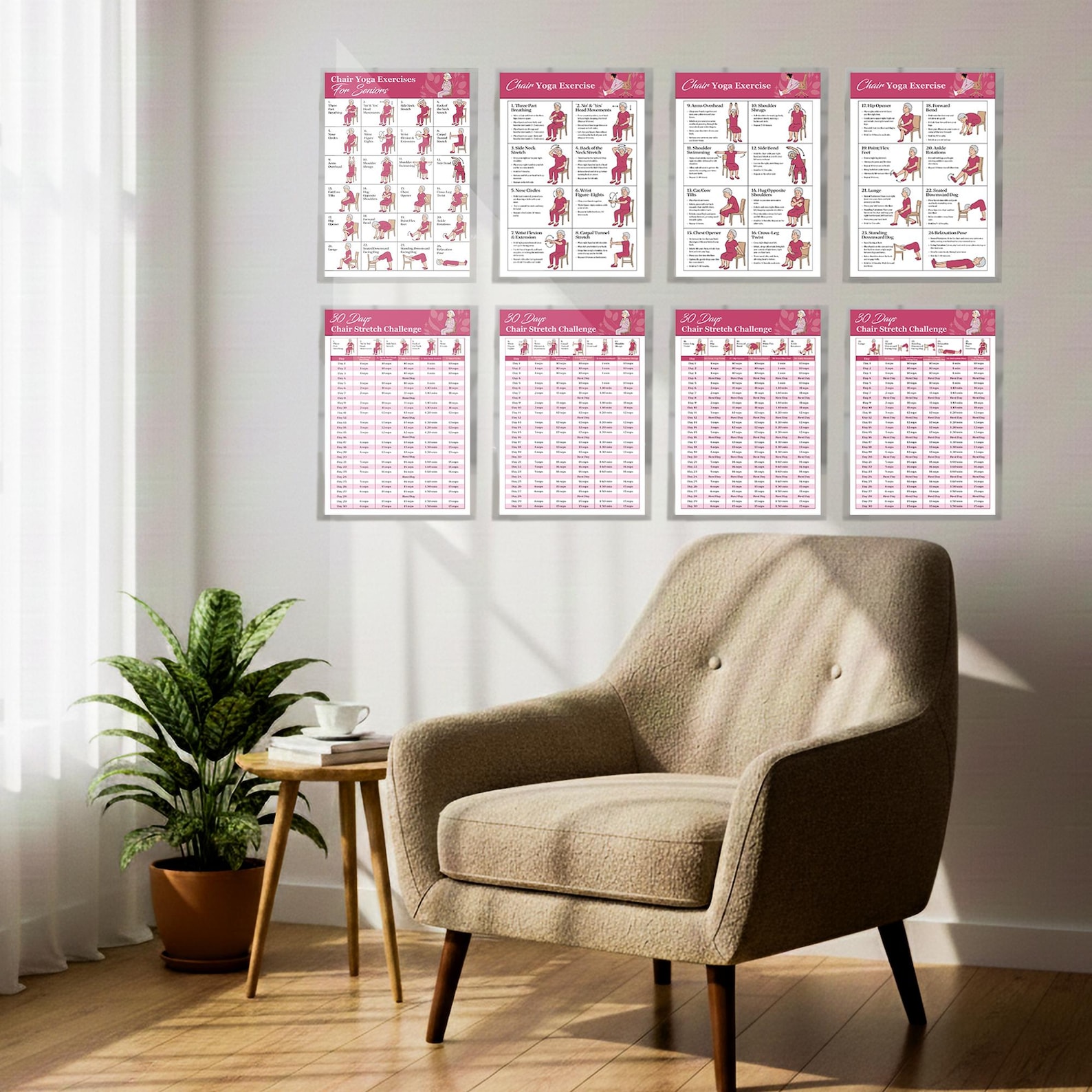 Chair Yoga Chart for Seniors, Laminated Exercise Poster Sets of 9, 30 ...