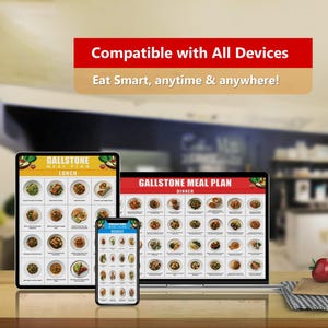 Peut inclure: Trois appareils num&eacute;riques affichant un plan de repas pour les calculs biliaires. Les appareils sont une tablette, un smartphone et un ordinateur portable. Le plan de repas est divis&eacute; en trois cat&eacute;gories&nbsp;: d&eacute;jeuner, d&icirc;ner et petit-d&eacute;jeuner. Chaque cat&eacute;gorie comporte une grille d&rsquo;images de diff&eacute;rents aliments.