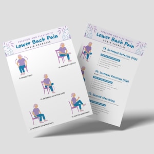 Peut inclure: Deux feuilles de papier blanches avec des instructions pour des exercices sur chaise pour les douleurs lombaires. Les feuilles comportent des illustrations de personnes effectuant des exercices. Le texte comprend "Freedom and Flexibility!" et "Lower Back Pain Chair Exercise."