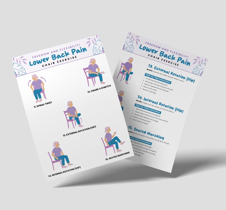 Peut inclure: Deux feuilles de papier blanches avec des instructions pour des exercices sur chaise pour les douleurs lombaires. Les feuilles comportent des illustrations de personnes effectuant des exercices. Le texte comprend "Freedom and Flexibility!" et "Lower Back Pain Chair Exercise."