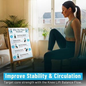 May include: A wooden easel displays a "Tai Chi Chair Workout" guide with illustrated exercise steps. The text "Improve Stability & Circulation" is at the bottom. A person is seated, demonstrating a workout pose, wearing teal leggings and a light green top.