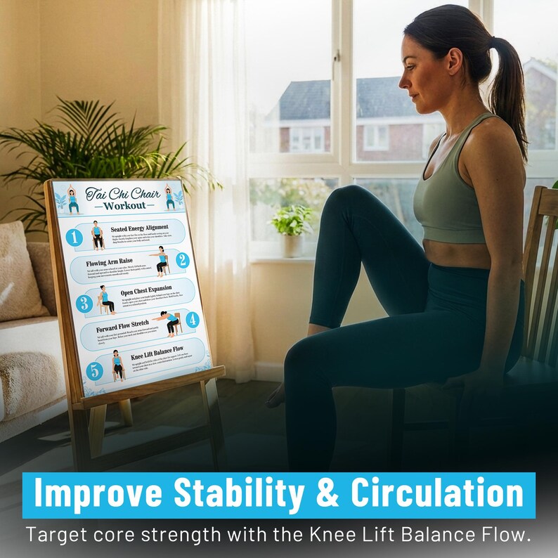 May include: A wooden easel displays a "Tai Chi Chair Workout" guide with illustrated exercise steps. The text "Improve Stability & Circulation" is at the bottom. A person is seated, demonstrating a workout pose, wearing teal leggings and a light green top.
