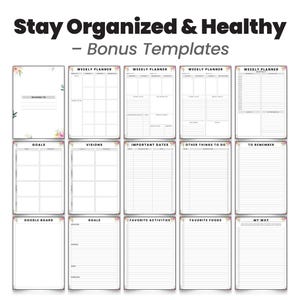 May include: A set of printable planner pages with floral accents. The pages include weekly planners, goal setting pages, vision boards, important dates, things to do, to remember, doodle boards, favorite activities, favorite foods, and a "My Why" page.