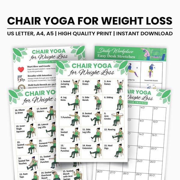 Yoga ultime sur chaise pour personnes âgées à imprimer - programme d'exercices de 28 jours, perte de poids, ensemble bien-être, guide d'entraînement, tracker, fitness.