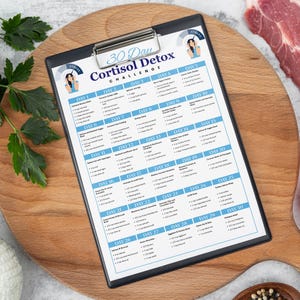 Puede incluir: Un portapapeles negro con un plan de desaf&iacute;o de desintoxicaci&oacute;n de cortisol de 30 d&iacute;as. El plan est&aacute; impreso en azul y blanco, con sugerencias de comidas diarias. El portapapeles est&aacute; sobre una tabla de cortar de madera, con perejil, carne y especias en el fondo.