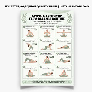 May include: A white print featuring a fascia and lymphatic flow balance routine. The print includes illustrations of various yoga poses with instructions to improve circulation and relieve tension. Text at the top reads "US LETTER, A4, A5|HIGH QUALITY PRINT | INSTANT DOWNLOAD."