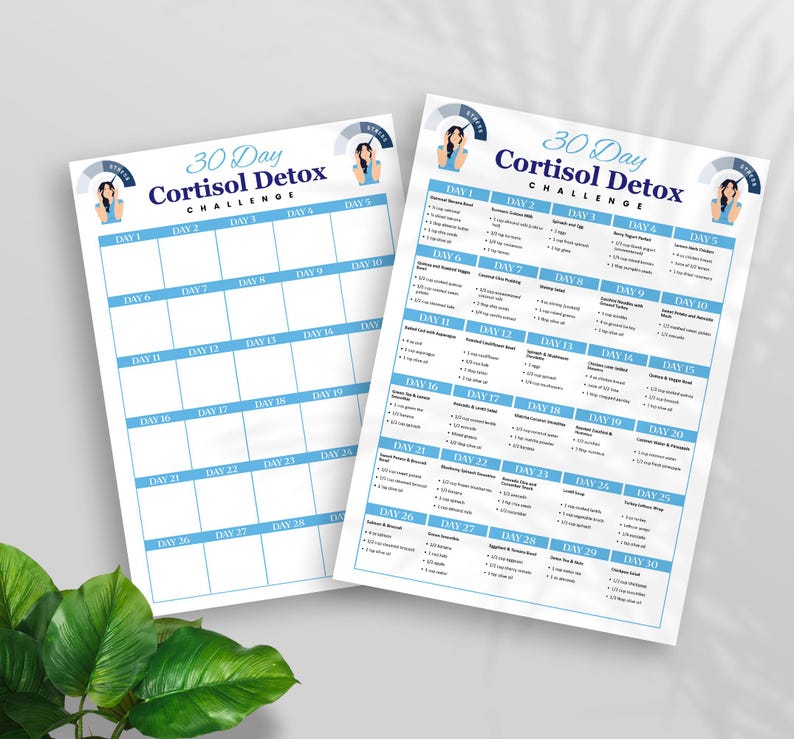Puede incluir: Dos hojas blancas impresas con un borde azul y el texto "30 Day Cortisol Detox Challenge". Las hojas tienen un dise&ntilde;o de calendario con entradas diarias. Un gr&aacute;fico de una mujer est&aacute; en la parte superior.