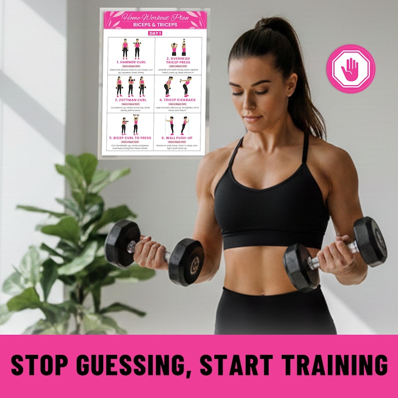 May include: A woman in a black sports bra and leggings is holding dumbbells, with a workout plan poster in the background. The poster is titled "Home Workout Plan Biceps & Triceps" and includes exercise diagrams. The text at the bottom reads "STOP GUESSING, START TRAINING."