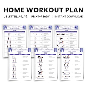 May include: A collection of printable home workout plans. The plans are labeled with the text "Home Workout Plan" and include exercises for biceps & triceps, quads & hamstrings, core & stability, shoulders, booty focus, and chest & back. The text "US LETTER, A4, A5 | PRINT-READY | INSTANT DOWNLOAD" is also visible.