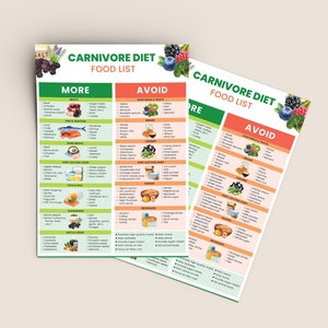 May include: Two green and orange printable charts with the title "Carnivore Diet Food List". The charts list foods to eat and avoid on the carnivore diet. The left chart lists meats, fish, seafood, bone broth, low-lactose dairy, fats and oils, seasonings, nuts and seeds. The right chart lists vegetables and fruits, grains, legumes, high-lactose dairy, sugars, and beverages.