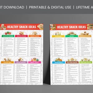 May include: Two printable charts with healthy snack ideas. The charts are divided into categories such as fruits & veggies, protein-packed, whole grains, dips & spreads, sweet treats, beverages, salads, sandwiches & wraps, munchies, nut-free snacks, and low-carb snacks.