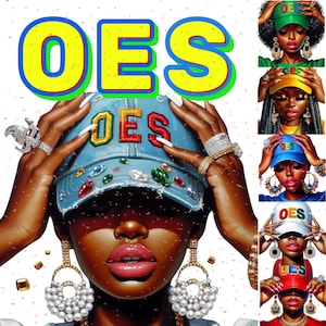 Puede incluir: Un collage de cinco imágenes que muestran a una mujer de piel oscura con una gorra de béisbol de mezclilla con las letras "OES" bordadas en la parte delantera. La mujer lleva grandes pendientes de perlas y tiene las manos en el ala de la gorra. El fondo es blanco con confeti.
